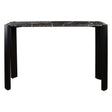Sleek console table featuring a polished black marble top with striking white veining, supported by sturdy acacia wood legs in a matte black finish.