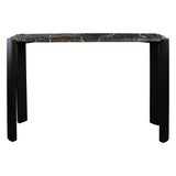 Sleek console table featuring a polished black marble top with striking white veining, supported by sturdy acacia wood legs in a matte black finish.