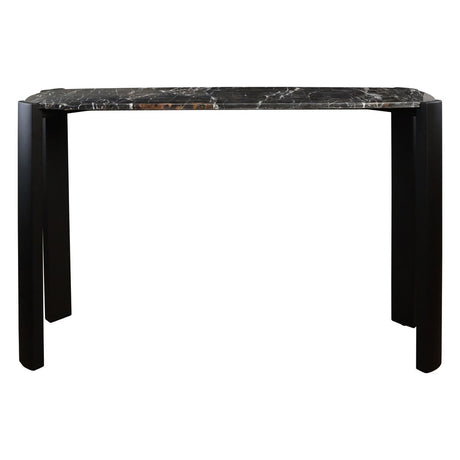 Sleek console table featuring a polished black marble top with striking white veining, supported by sturdy acacia wood legs in a matte black finish.
