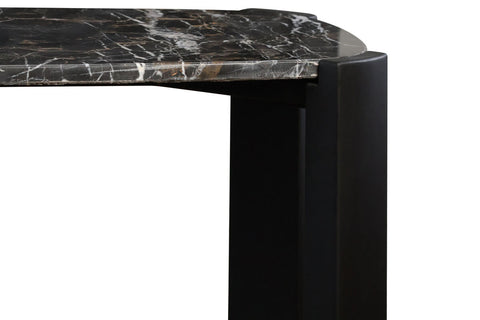 Black marble top console table featuring a sleek, rounded edge and sturdy acacia wood legs.