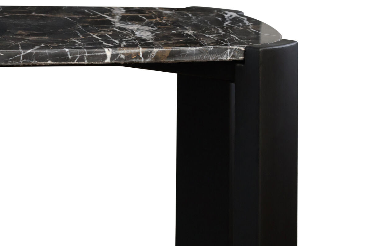Black marble top console table featuring a sleek, rounded edge and sturdy acacia wood legs.