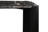 Black marble top console table featuring a sleek, rounded edge and sturdy acacia wood legs.