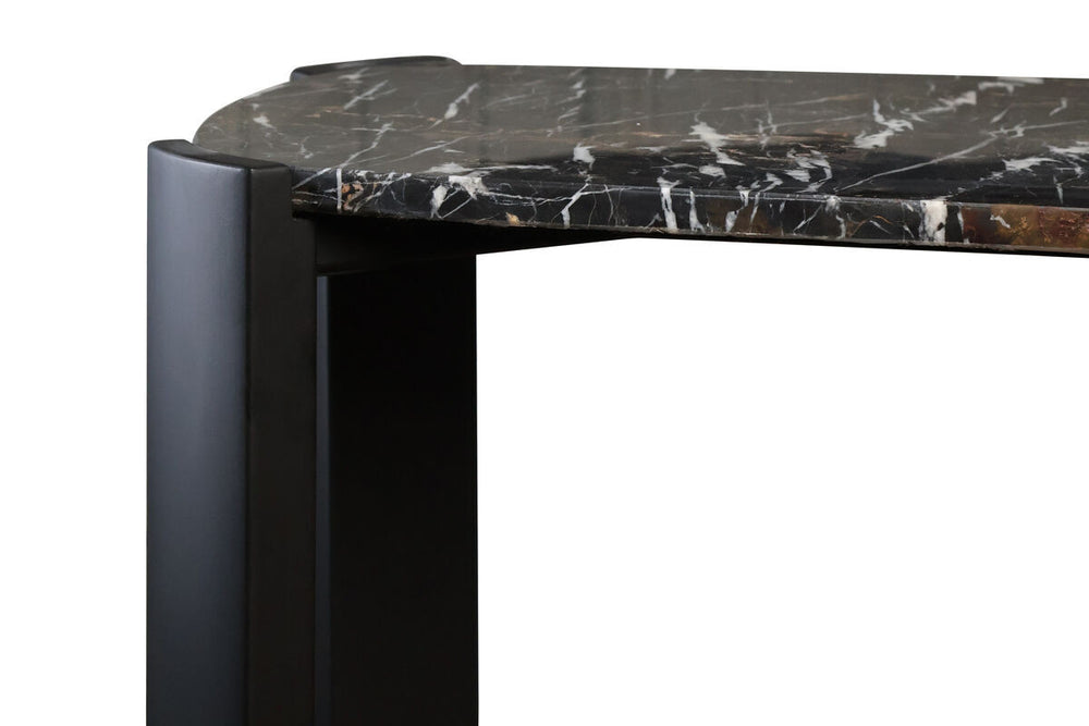 Black marble top console table featuring a sleek design with rounded edges and sturdy acacia wood legs.