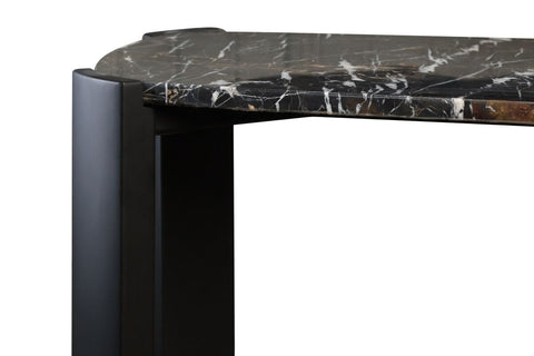 Black marble top console table featuring a sleek design with rounded edges and sturdy acacia wood legs.
