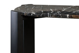 Black marble top console table featuring a sleek design with rounded edges and sturdy acacia wood legs.