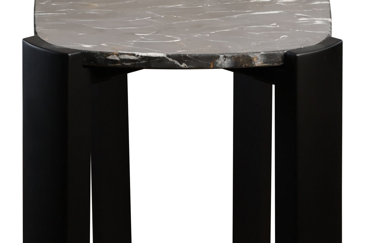 Black marble top console table featuring a smooth, polished surface with subtle white veining, supported by sturdy, matte black acacia wood legs.