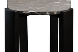 Black marble top console table featuring a smooth, polished surface with subtle white veining, supported by sturdy, matte black acacia wood legs.