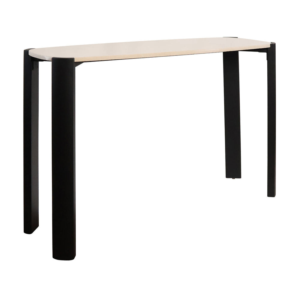 Cream marble top console table with rounded edges, supported by sleek black acacia wood legs.