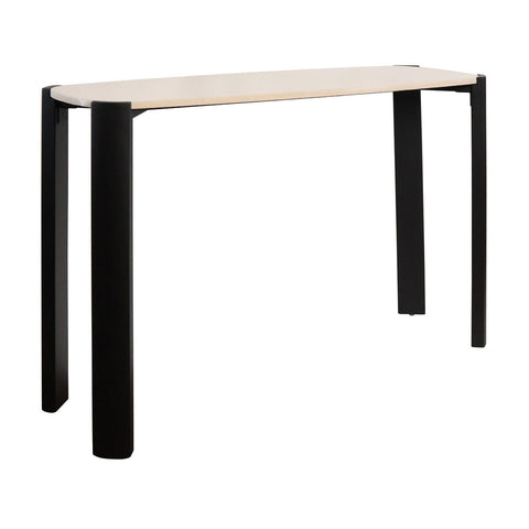 Cream marble top console table with rounded edges, supported by sleek black acacia wood legs.