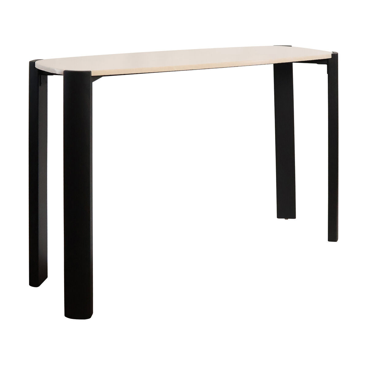 Cream marble top console table with rounded edges, supported by sleek black acacia wood legs.