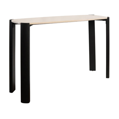 Cream marble top console table with rounded edges, supported by sleek black acacia wood legs.