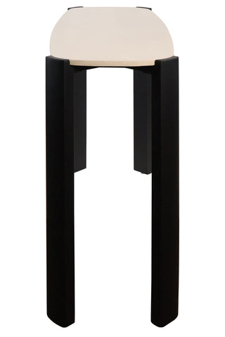 Cream marble top console table featuring a sleek, rounded edge and sturdy black acacia wood legs.