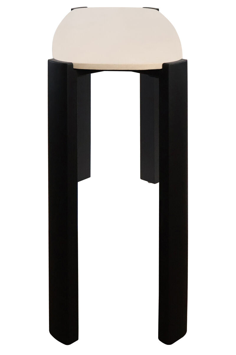 Cream marble top console table featuring a sleek, rounded edge and sturdy black acacia wood legs.