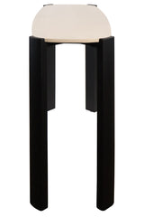 Cream marble top console table featuring a sleek, rounded edge and sturdy black acacia wood legs.