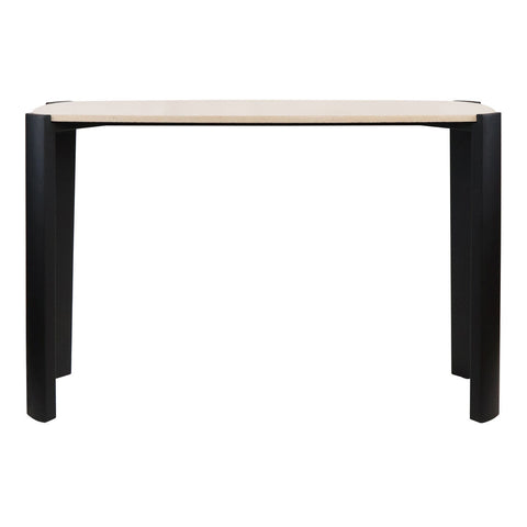 Cream marble top console table featuring a sleek black acacia wood frame.