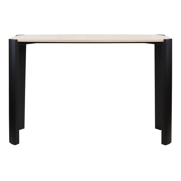 Cream marble top console table featuring a sleek black acacia wood frame.