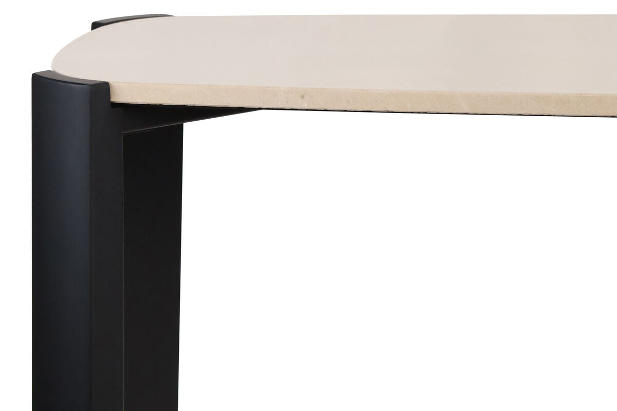 Cream marble top console table featuring rounded edges and a sleek black acacia wood frame.