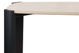 Cream marble top console table featuring rounded edges and a sleek black acacia wood frame.