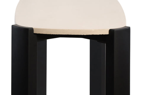 Cream marble top console table featuring a sleek, rounded edge and sturdy black acacia wood legs.