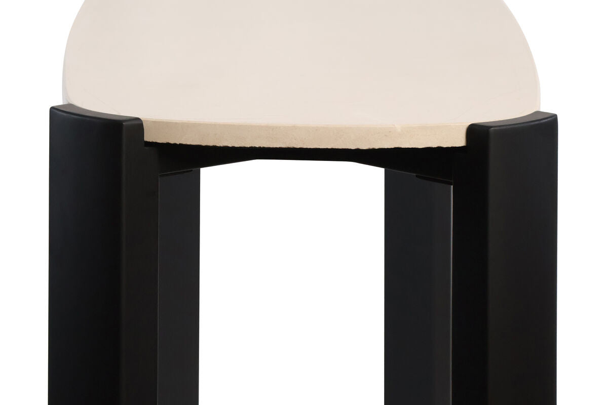 Cream marble top console table featuring a sleek, rounded edge and sturdy black acacia wood legs.
