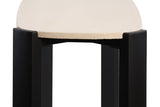 Cream marble top console table featuring a sleek, rounded edge and sturdy black acacia wood legs.
