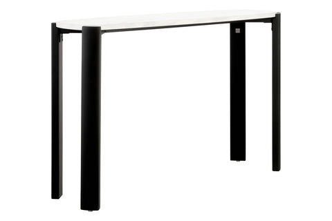 Console table featuring a sleek white marble top with subtle veining, supported by sturdy black acacia wood legs.