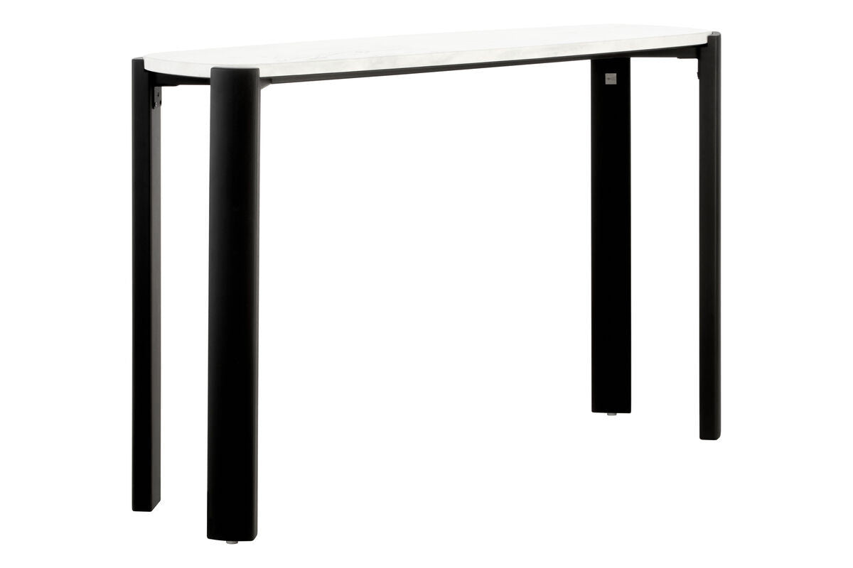 Console table featuring a sleek white marble top with subtle veining, supported by sturdy black acacia wood legs.