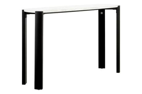 Console table featuring a sleek white marble top with subtle veining, supported by sturdy black acacia wood legs.