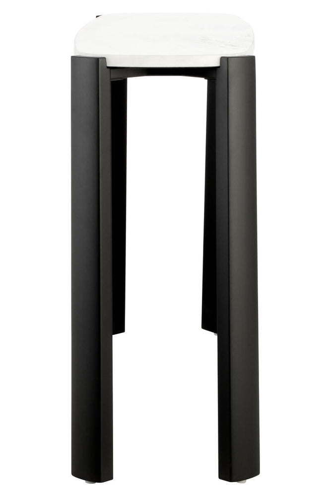 Console table featuring a sleek white marble top with subtle veining, supported by sturdy black acacia wood legs.
