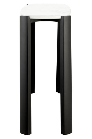 Console table featuring a sleek white marble top with subtle veining, supported by sturdy black acacia wood legs.