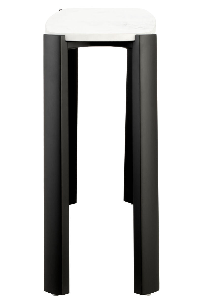 Console table featuring a sleek white marble top with subtle veining, supported by sturdy black acacia wood legs.