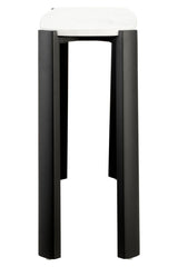 Console table featuring a sleek white marble top with subtle veining, supported by sturdy black acacia wood legs.