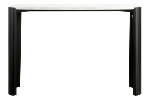 White marble top console table featuring a sleek black acacia wood frame.