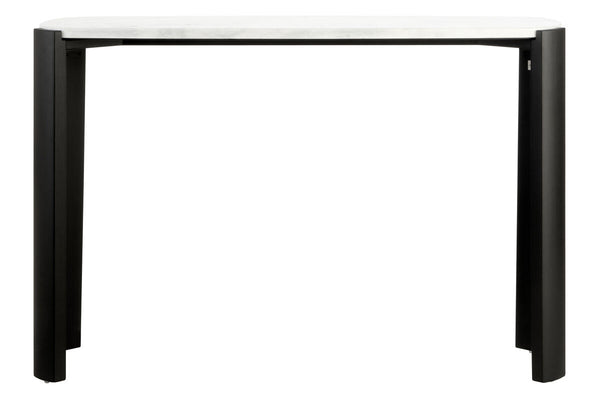 White marble top console table featuring a sleek black acacia wood frame.