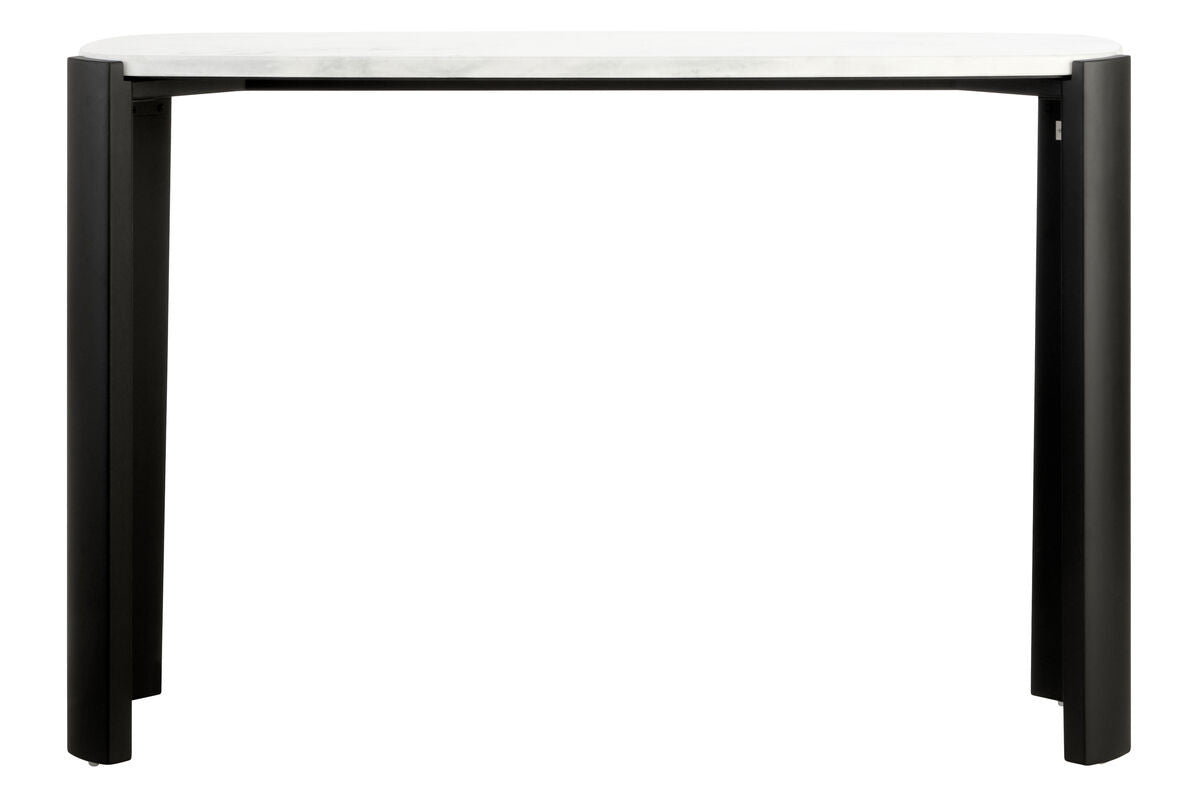 White marble top console table featuring a sleek black acacia wood frame.