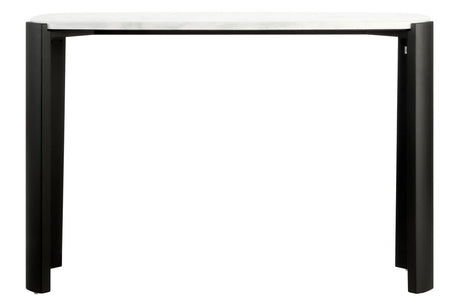 White marble top console table featuring a sleek black acacia wood frame.