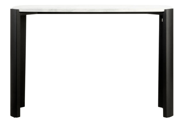 White marble top console table featuring a sleek black acacia wood frame.