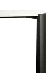 Elegant console table featuring a sleek white marble top and sturdy black acacia wood legs.