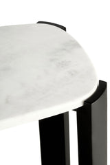 Close-up view of a console table featuring a smooth white marble top with subtle gray veining, complemented by sleek black acacia wood legs.