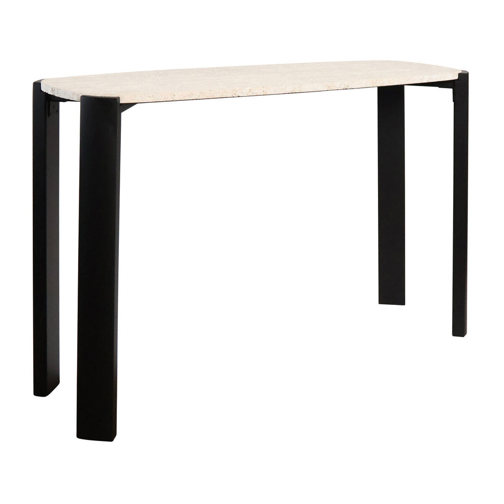Cream travertine top console table with sleek black acacia wood legs, featuring a modern design and clean lines. Dimensions are 120 cm wide, 40 cm deep, and 80 cm high.