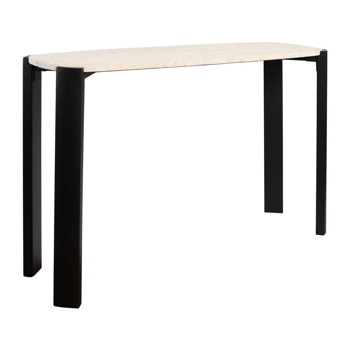 Cream travertine top console table with sleek black acacia wood legs, featuring a modern design and clean lines. Dimensions are 120 cm wide, 40 cm deep, and 80 cm high.