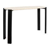 Cream travertine top console table with sleek black acacia wood legs, featuring a modern design and clean lines. Dimensions are 120 cm wide, 40 cm deep, and 80 cm high.