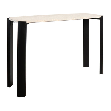 Cream travertine top console table with sleek black acacia wood legs, featuring a modern design and clean lines. Dimensions are 120 cm wide, 40 cm deep, and 80 cm high.