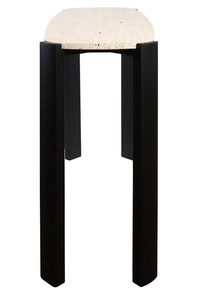Cream travertine top console table featuring a smooth, rounded edge, supported by sleek black acacia wood legs.