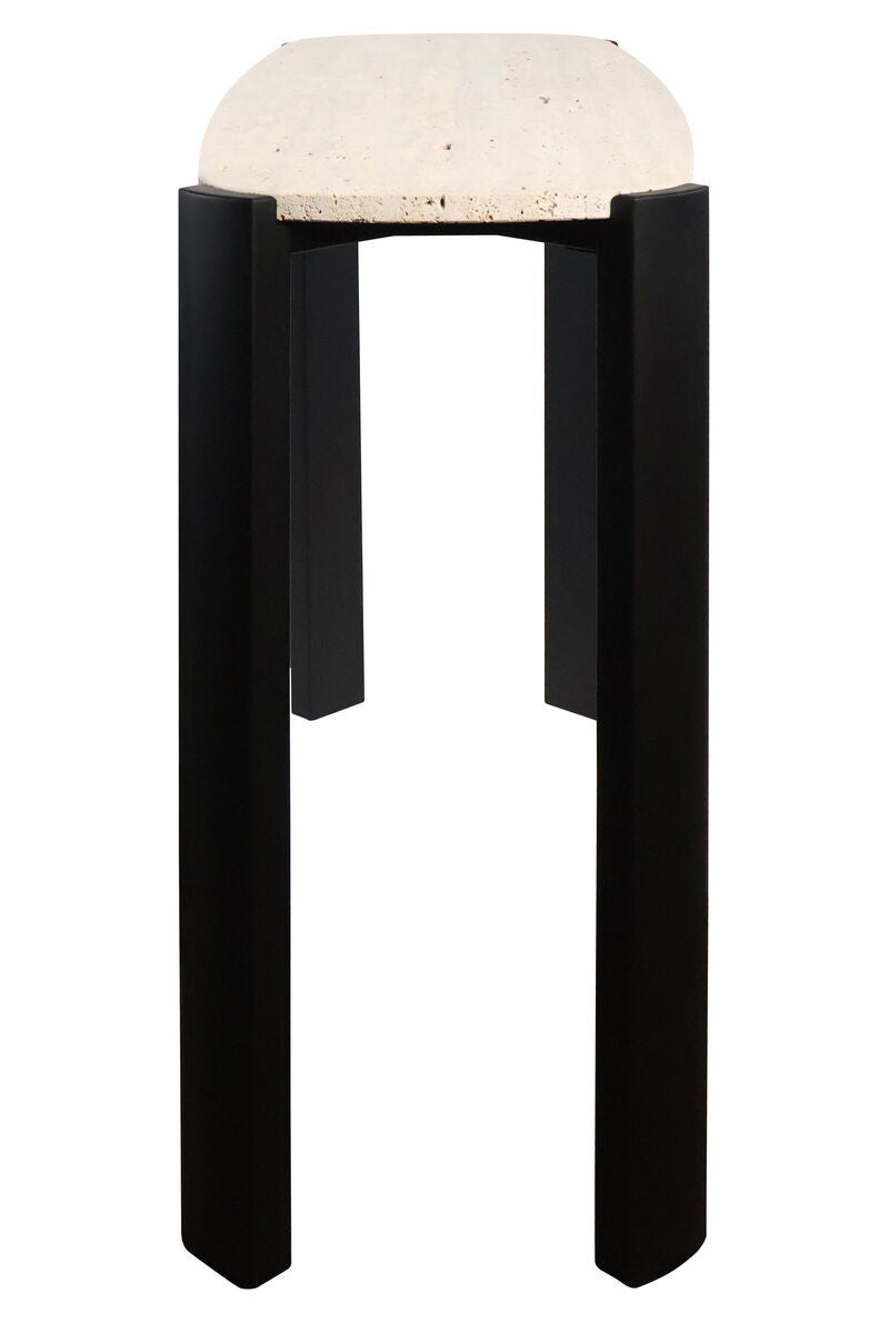 Cream travertine top console table featuring a smooth, rounded edge, supported by sleek black acacia wood legs.