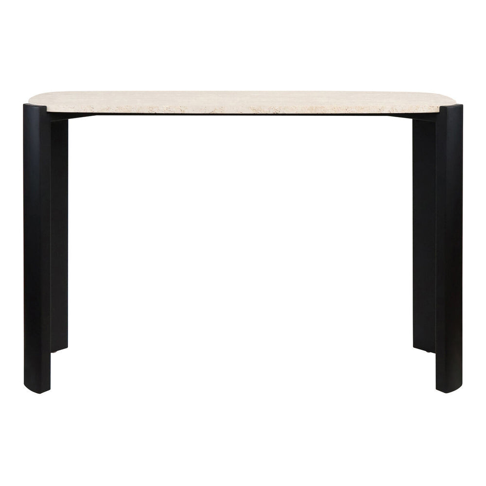 Cream travertine top console table with rounded edges, supported by sleek black acacia wood legs. The design features a minimalist aesthetic, ideal for modern interiors.