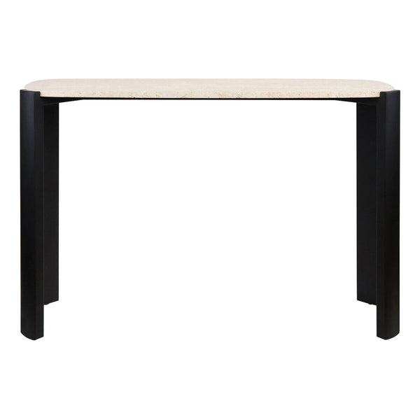 Cream travertine top console table with rounded edges, supported by sleek black acacia wood legs. The design features a minimalist aesthetic, ideal for modern interiors.