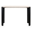 Cream travertine top console table with rounded edges, supported by sleek black acacia wood legs. The design features a minimalist aesthetic, ideal for modern interiors.