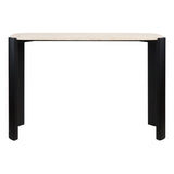 Cream travertine top console table with rounded edges, supported by sleek black acacia wood legs. The design features a minimalist aesthetic, ideal for modern interiors.