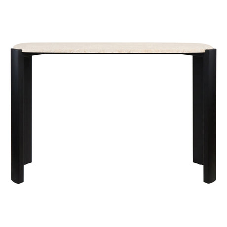 Cream travertine top console table with rounded edges, supported by sleek black acacia wood legs. The design features a minimalist aesthetic, ideal for modern interiors.
